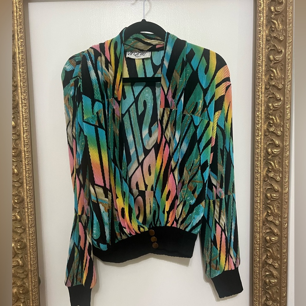 Vintage Virginie Paris BRAZIL Nylon Deep V
Cardigan Top Stretchy Pleats France
